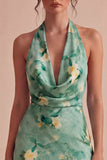 Robe mini cocktail bodycon fleurie à col nu vert clair