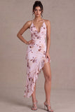 Robe cocktail fleur asymétrique à col nu rose avec volants