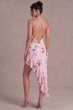 Robe cocktail fleur asymétrique à col nu rose avec volants