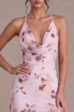 Robe cocktail fleur asymétrique à col nu rose avec volants