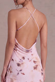 Robe cocktail fleur asymétrique à col nu rose avec volants