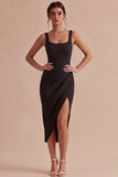 Robe formelle Black Bodycon Midi à bretelles épaisses et fente