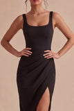 Robe formelle Black Bodycon Midi à bretelles épaisses et fente