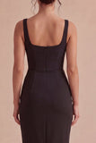 Robe formelle Black Bodycon Midi à bretelles épaisses et fente