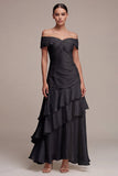 Robe longue cravate noire à épaules décalées A avec volants