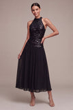 Robe longue cravate noire à col haut scintillante A Line avec paillettes