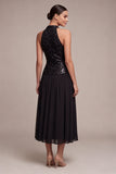 Robe longue cravate noire à col haut scintillante A Line avec paillettes
