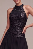 Robe longue cravate noire à col haut scintillante A Line avec paillettes