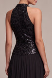 Robe longue cravate noire à col haut scintillante A Line avec paillettes