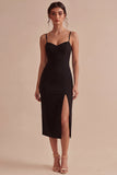 Robe formelle Black Bodycon Midi à bretelles fines avec fente