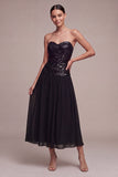 Robe midi à cravate noire A Strapless sans bretelles scintillante avec sequins