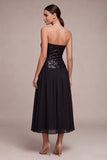 Robe midi à cravate noire A Strapless sans bretelles scintillante avec sequins