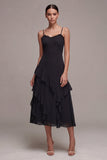 Robe midi black tie à bretelles fines A avec volants