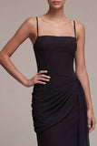 Robe Midi Black Tie à bretelles froncées à fourreau