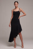Robe formelle sirène asymétrique à bretelles fines noires avec volants
