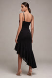 Robe formelle sirène asymétrique à bretelles fines noires avec volants