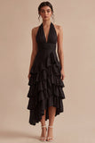 Robe formelle noire à dos nus asymétrique à étages sans dos avec volants