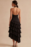 Robe formelle noire à dos nus asymétrique à étages sans dos avec volants