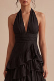 Robe formelle noire à dos nus asymétrique à étages sans dos avec volants