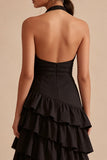 Robe formelle noire à dos nus asymétrique à étages sans dos avec volants