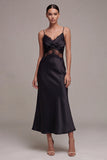 Robe de cérémonie midi à bretelles fines sirène noire avec dentelle