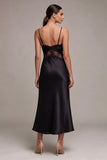 Robe de cérémonie midi à bretelles fines sirène noire avec dentelle