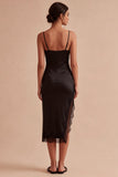 Robe formelle midi à bretelles fines bodycons noires avec fente