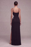Robe formelle longue à col carré noire à fentes florales