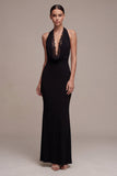 Robe formelle longue en sirène dos nu dos nu à dos noir avec dentelle