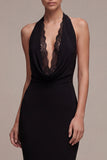 Robe formelle longue en sirène dos nu dos nu à dos noir avec dentelle