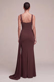 Robe formelle sirène longue à col carré marron avec cape latérale