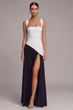 Robe formelle à corset noir et blanc à col carré avec fente
