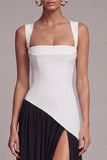Robe formelle à corset noir et blanc à col carré avec fente