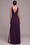 Robe formelle prune A Line à col en V plissé avec strass