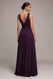 Robe formelle prune A Line à col en V plissé avec strass