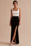 Robe formelle à col carré noir et blanc Sirène avec fente
