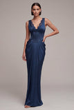 Robe formelle en satin corset de sirène bleu marine avec dentelle