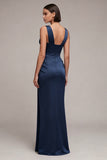 Robe formelle en satin corset de sirène bleu marine avec dentelle