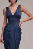 Robe formelle en satin corset de sirène bleu marine avec dentelle