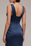 Robe formelle en satin corset de sirène bleu marine avec dentelle