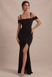 Robe formelle longue noire à épaules froides à épaules froides et fente