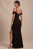 Robe formelle longue noire à épaules froides à épaules froides et fente