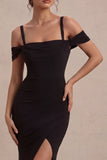 Robe formelle longue noire à épaules froides à épaules froides et fente
