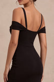 Robe formelle longue noire à épaules froides à épaules froides et fente