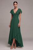 Robe formelle vert foncé à col en V haut et bas ligne A