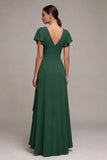 Robe formelle vert foncé à col en V haut et bas ligne A