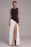 Robe formelle noire et blanche à col rond et fourreau long avec fente