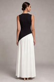 Robe formelle noire et blanche à col rond et fourreau long avec fente