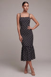 Robe à pois midi à bretelles en sirène noir et blanc