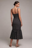 Robe à pois midi à bretelles en sirène noir et blanc